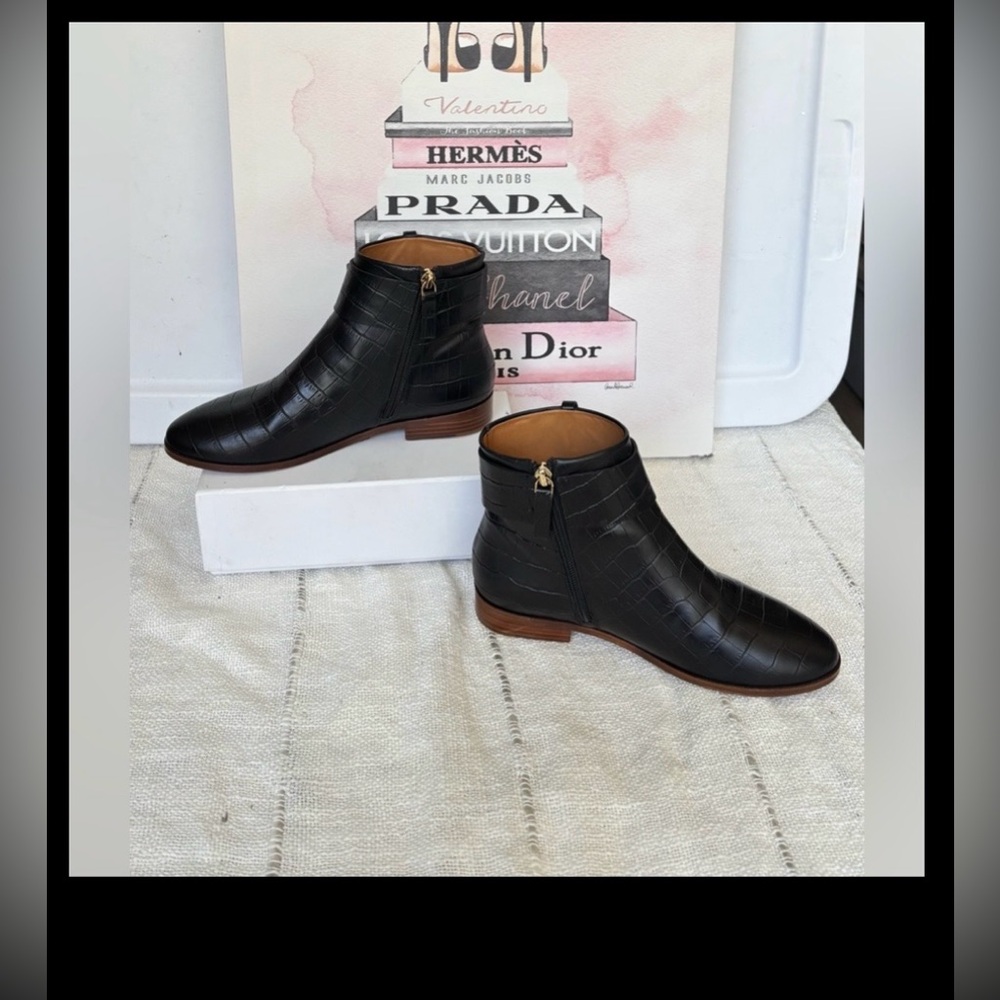 Sezane Sara Low Flat Ankle Booties in Black Croc Embossed Leather FR 37 = 6.5 - Picture 5 of 14